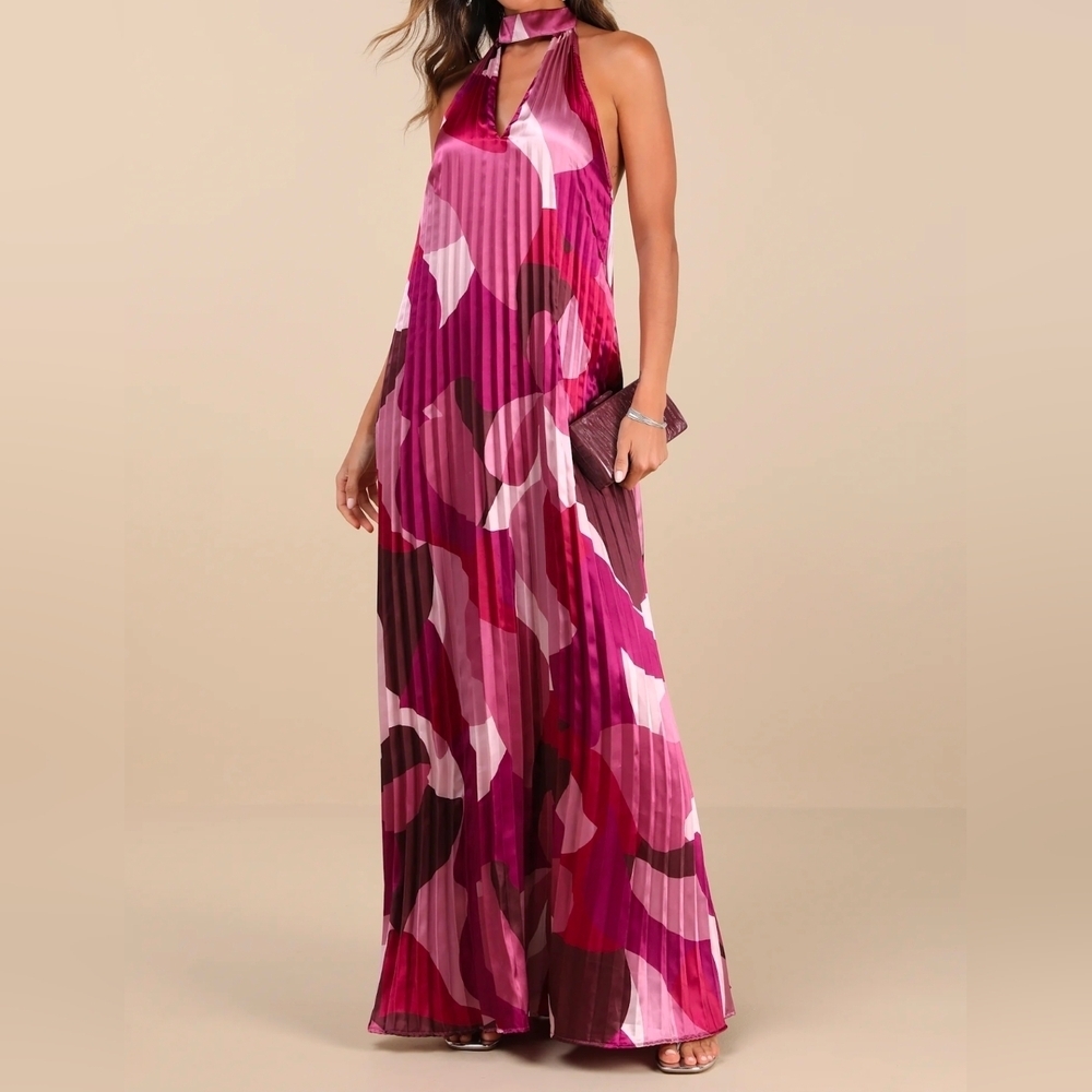 Lulus Prime Poise Pink Multi Abstract Satin Halter Maxi Dress, Size Large - Picture 6 of 12